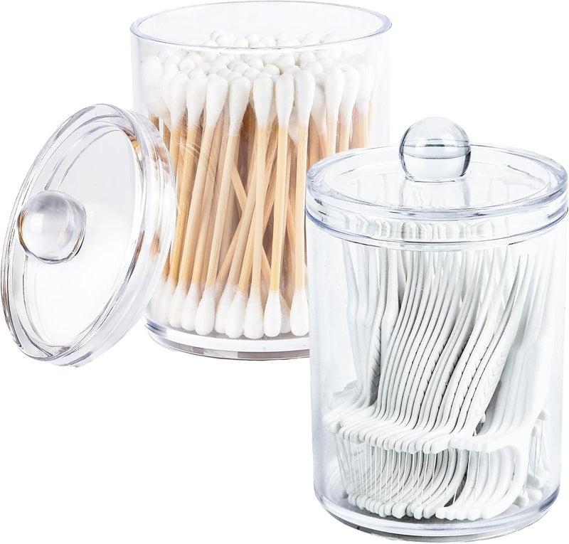 Emlim 2 Pack Holder Dispenser with Lid Clear Plastic Bathroom Vanity Canisters Jars Cotton Balls Pads Swabs Holder Jar For Bathroom Organization Office Dresser Organizer - Image 1